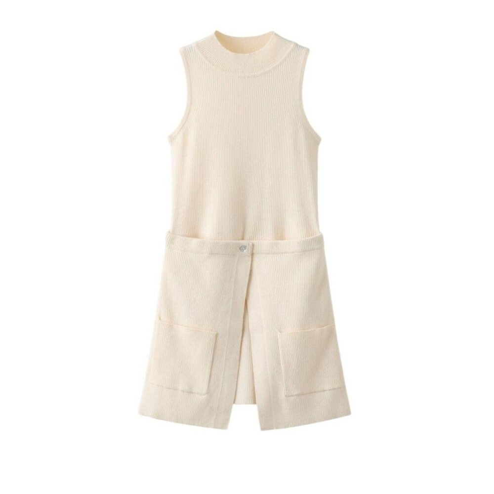 ZARA Girls’ Knit Romper Set with Front Patch Pockets – Cream/Ivory – Youth Size